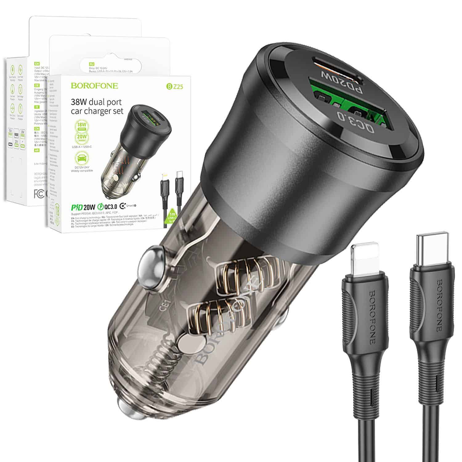 BOROFONE BZ25 Journey PD38W (1C1A) Fast Charging Quick Car Charger With PD USB Type C to Lightning Cable (Transparent Black) BOROFONE BZ25 Journey PD38W (1C1A) Fast Charging Quick Car Charger With PD USB Type C to Lightning Cable (Transparent Black)